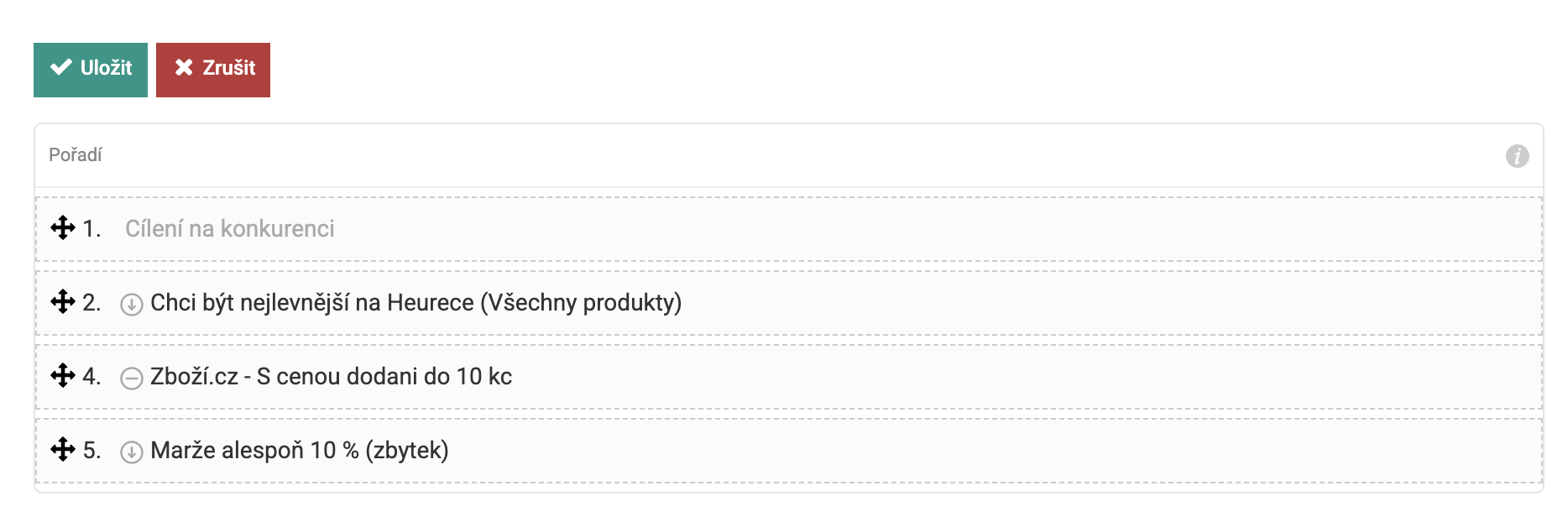 Seznam pravidel v režimu \"Změna pořadí\".