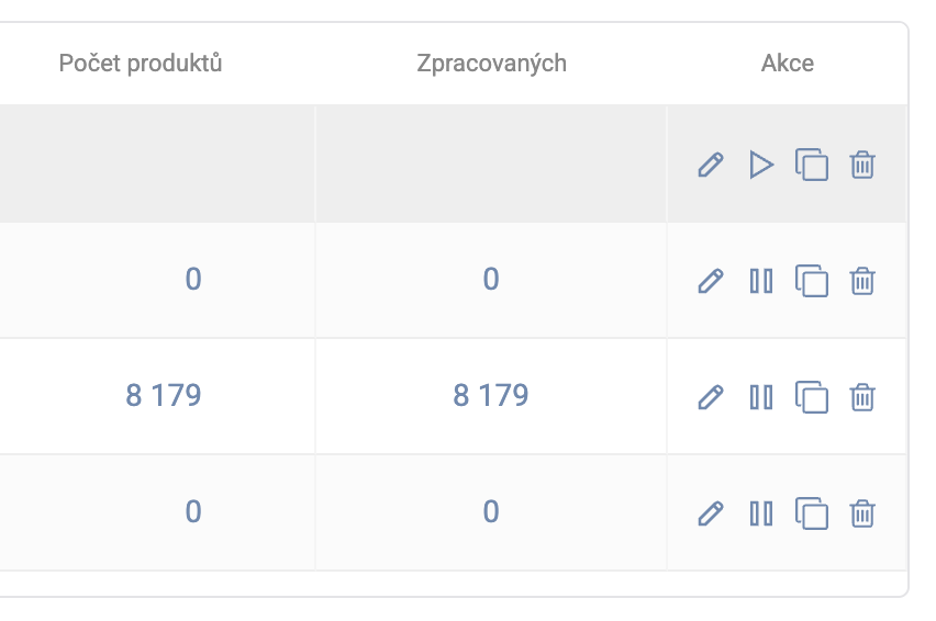 Tlačítka pro úpravu, spuštění/zastavení, naklonování nebo vymazání pravidla.