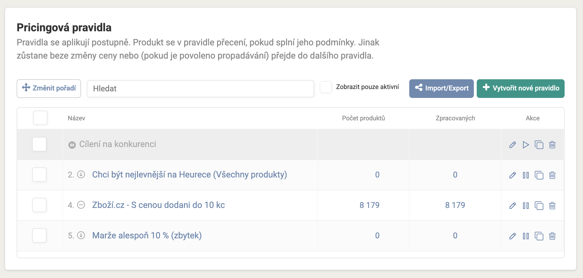 Hlavní částí stránky je tabulka vámi vytvořených pravidel.
