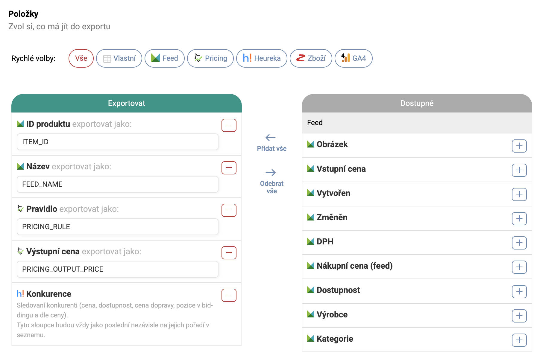 U exportu produktů si můžete vybrat z více než 80 položek, včetně speciálních jako jsou data vaší konkurence na srovnávači.
