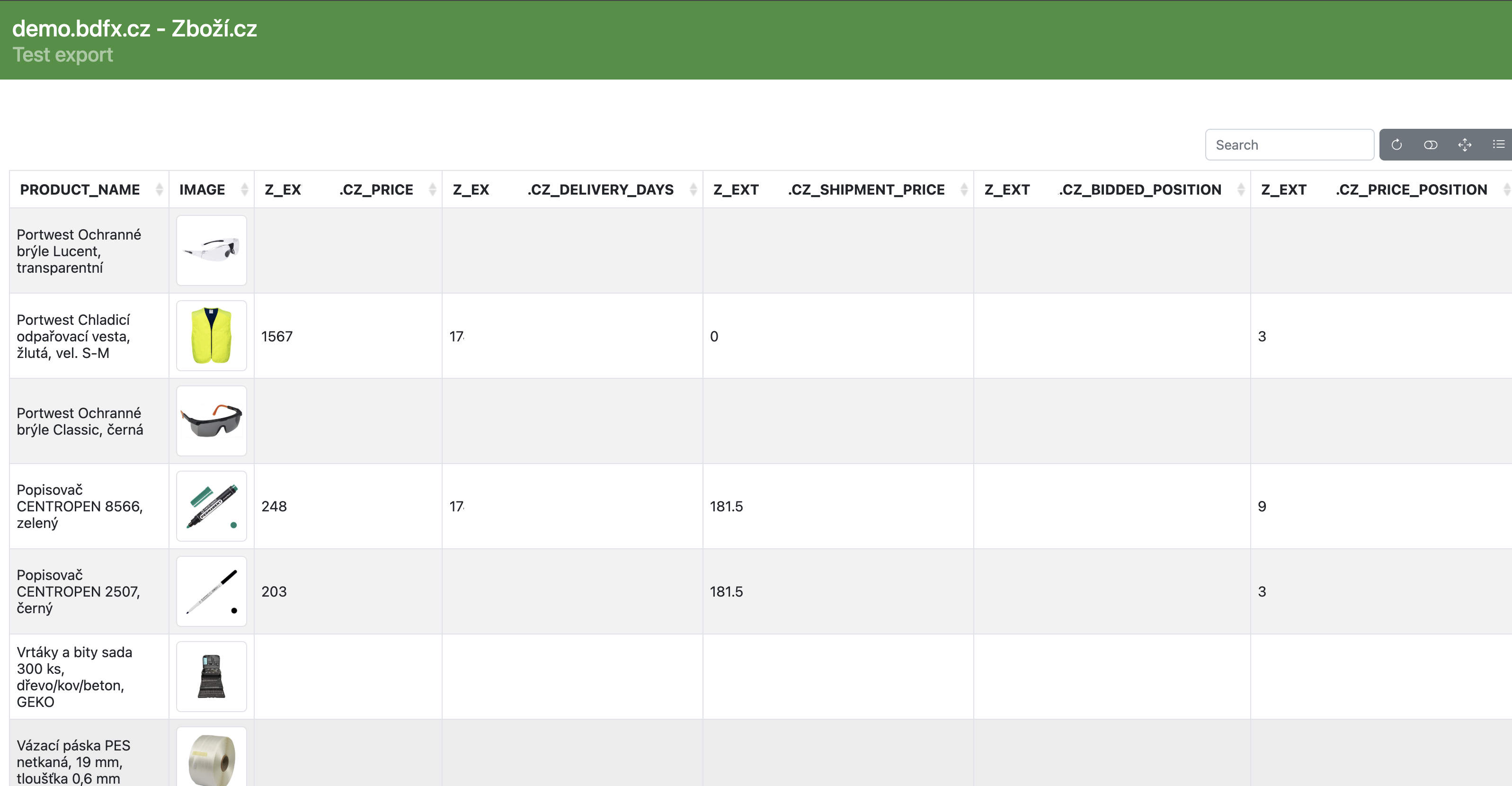 Ukázkový HTML export s údaji vybraných konkurentů. Pro strojové zpracování je vhodnější formát CSV, případně XLS.