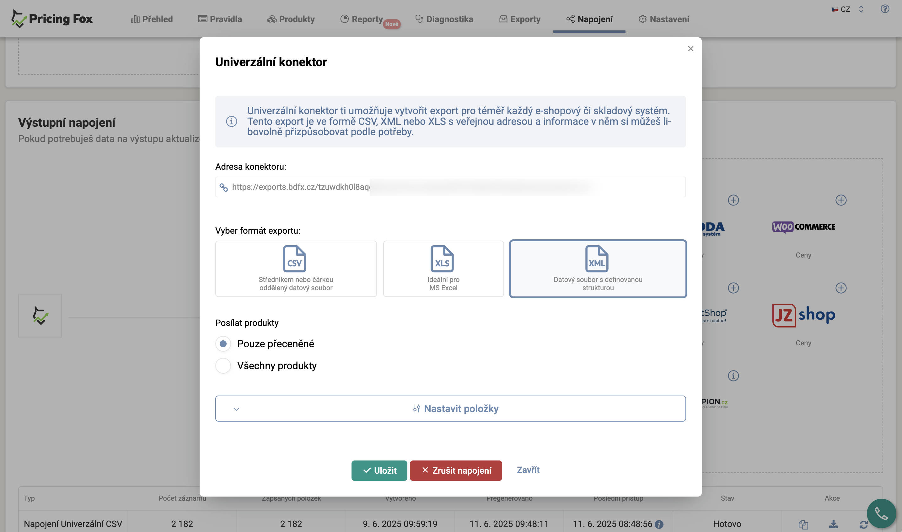 Univerzální export najdete na stránce Napojení. Tento podporuje i formát XML a poskytuje častější přegenerování.
