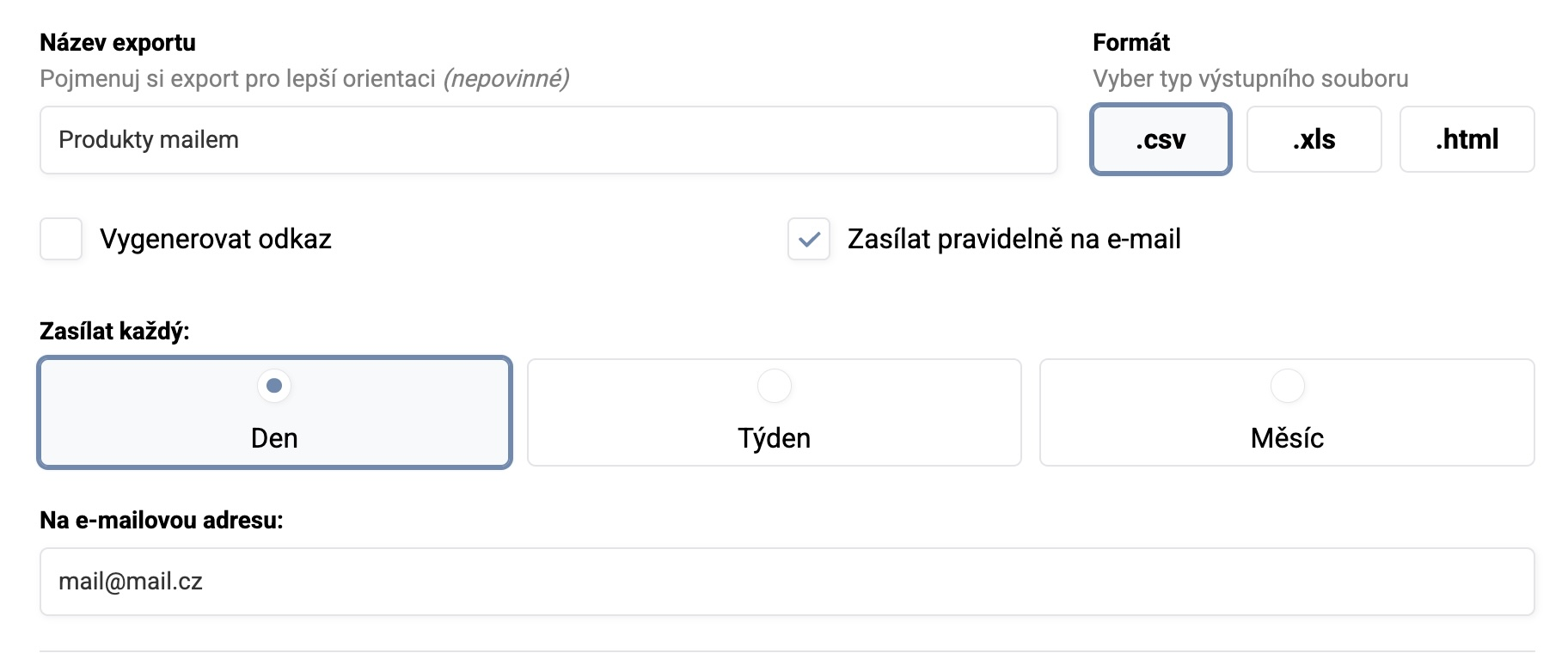 Pokud si u exportu zvolíte Vygenerovat odkaz nebo jeho zasílání na e-mail, bude se automaticky dvakrát denně přegenerovávat..