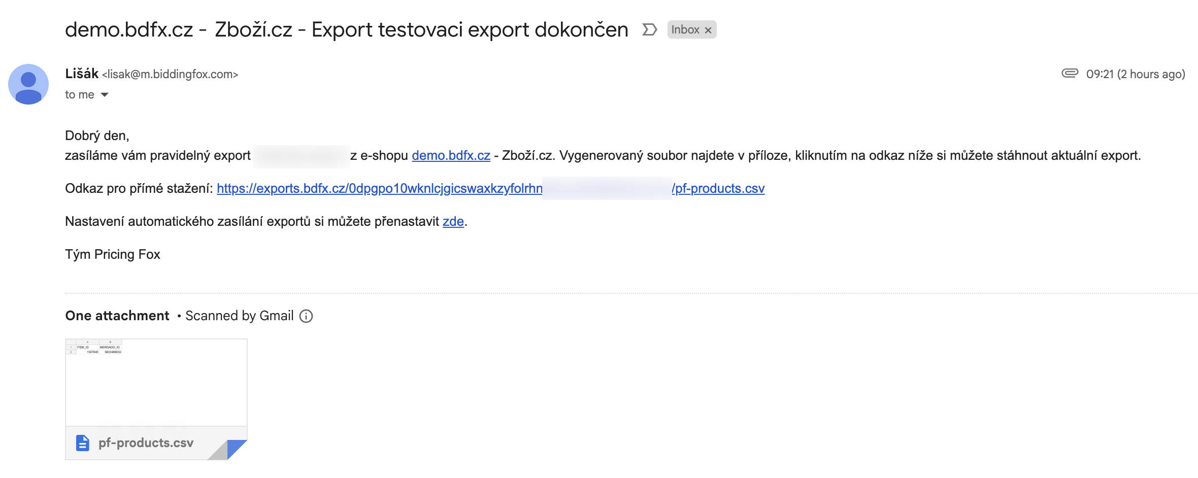 Do e-mailu vám pak příjde jak export v příloze, tak i veřejná adresa, na které dochází k automatickému přegenerovávání dat.