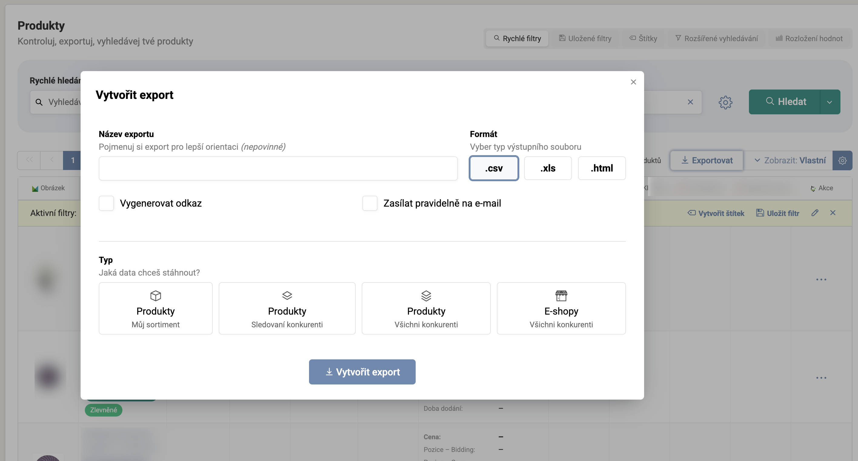 Na stránce Produkty naleznete tlačítko Exportovat, které vám umožní vytvořit export z aktuálně vyfiltrovaných produktů.