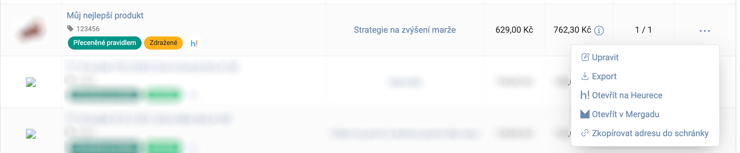Zu jedem Produkt sehen Sie grundlegende Informationen sowie schnelle Aktionen. Nach einem Klick auf den Namen wechseln Sie zum Produktdetail.