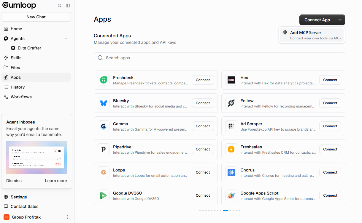 Expanded Connect App menu with the Add MCP Server option in Gumloop