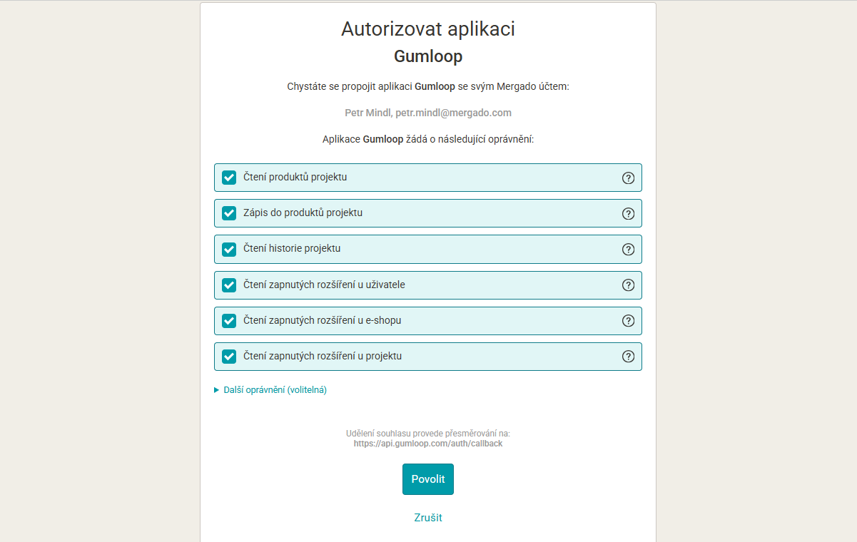 Authorizing the Gumloop application in Mergado – selecting permissions and the Allow button