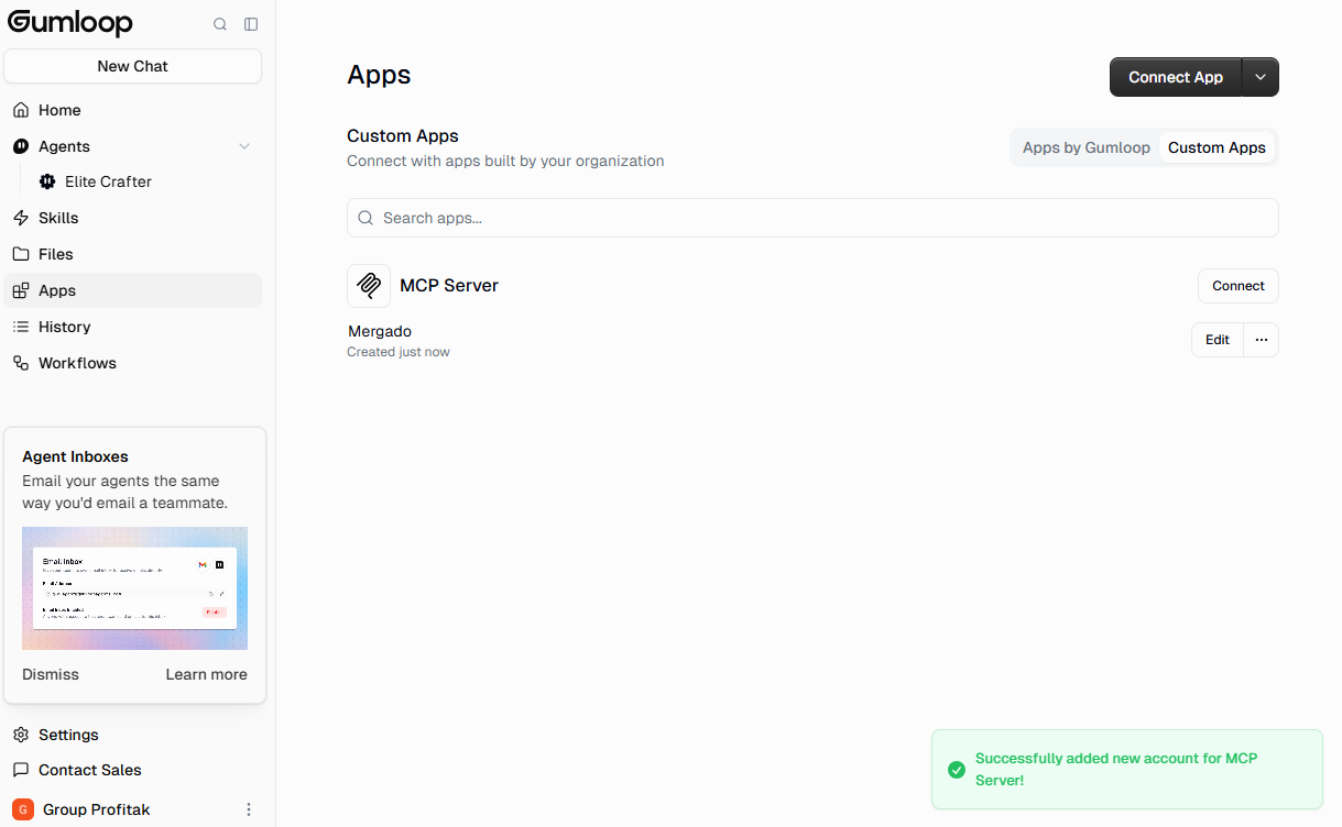 Successfully connected Mergado account in the Custom Apps section in Gumloop