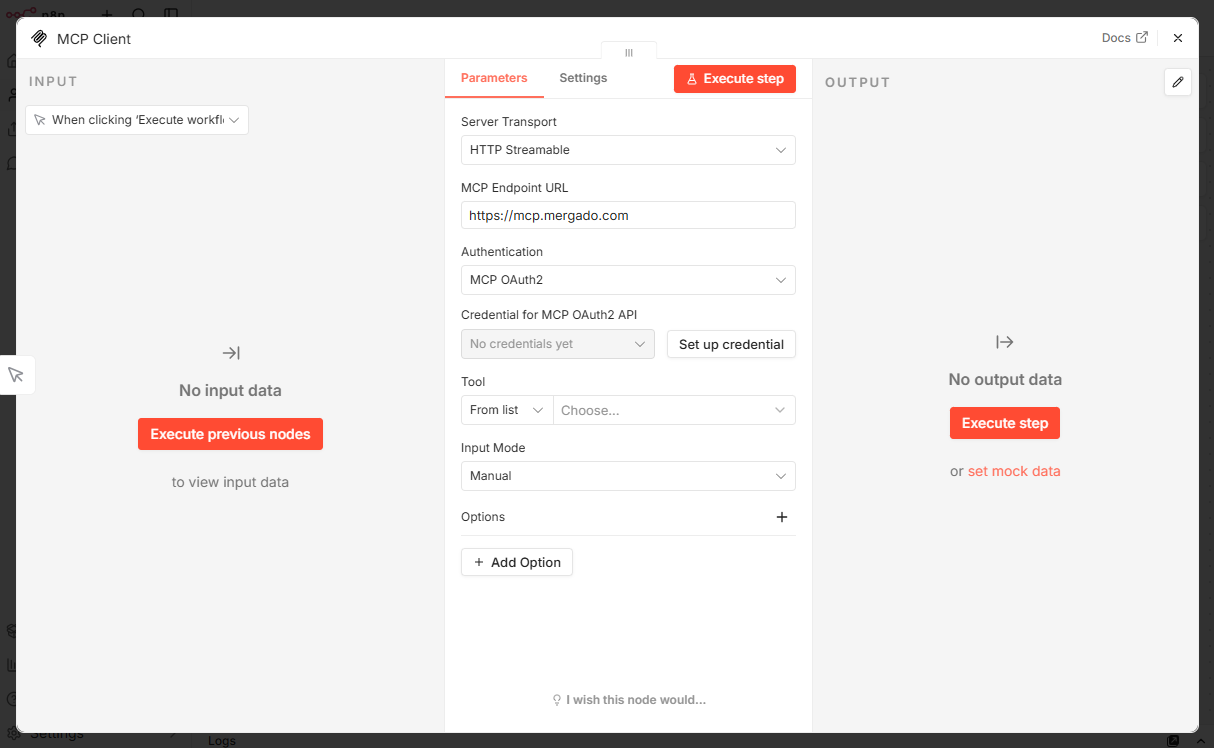 Parametry node MCP Client