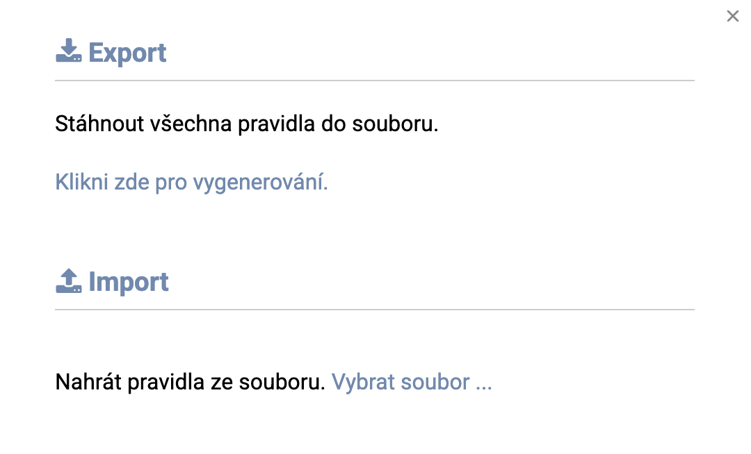 Jednoduché okno s možnosťou exportu, resp. importu pravidiel.